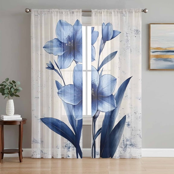 Blue Floral Spring Sheer Curtains 63 Inch Length 2 Panels Set, Vintage Verdant Flower Patterns Voile Window Treatment Rod Pocket Curtains Sheers Drapes for Bedroom/Living Room/Kitchen 52x"63"x2