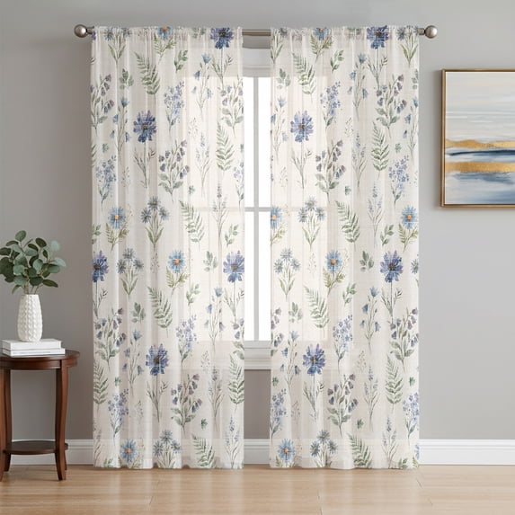 Blue Floral Spring Sheer Curtains 84 Inches Long, Vintage Farmhouse Green Botanical Chic Light Filtering Window Curtains for Living Room, Rod Pocket Voile Sheer Curtain Drapes, 52"W x 84"L, 2 Panels