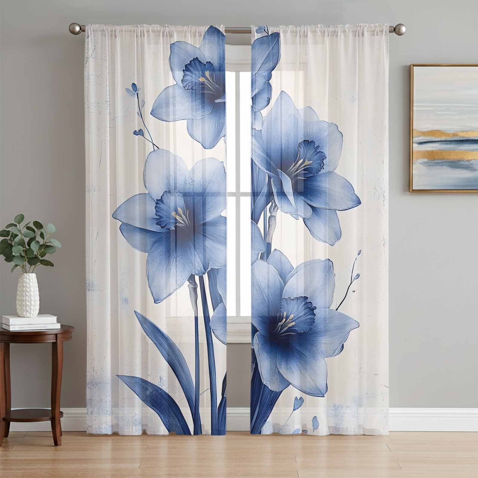 Blue Floral Spring Sheer Curtains 96 Inch Length 2 Panels Set, Summer ...