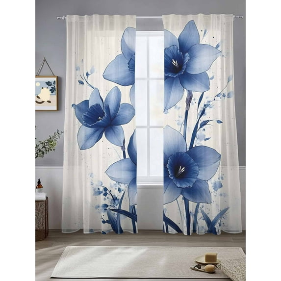 Blue Floral Spring Sheer Curtains for Living Room Bedroom Summer Watercolor Wildflowers Sheer Curtains 108 Inch Long 2 Panels Set Light Filtering Curtain Window Treatments Drapes for Dining Room