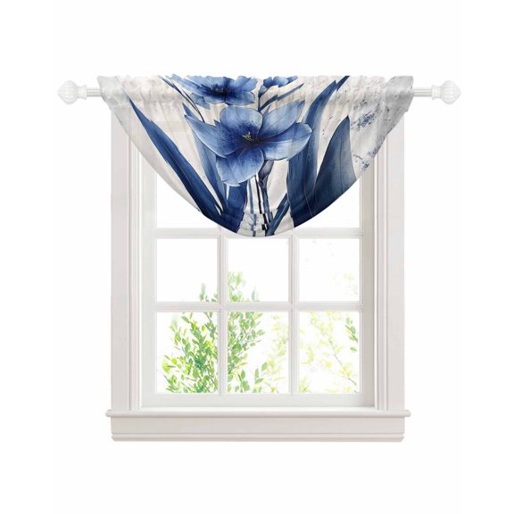 Blue Floral Spring Sheer Waterfall Valance Curtains for Window, Vintage Verdant Flower Patterns Rod Pocket Sheer Topper Swag Curtains for Living Room, Kitchen 38.5"W x 47.2"L, 1 Panel