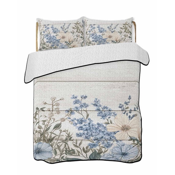 Blue Floral Spring Summer Quilt Set Full Size, Soft Microfiber Quilted Bedding Set with 2 Pillow Shams, Summer Botanical Flower Vintage Lightweight All Season Bedspread Coverlet for Bedroom 78"x90"