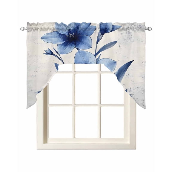 Blue Floral Spring Swag Curtains for Kitchen Vintage Verdant Flower Patterns Valances for Windows Rod Pocket Small Window Treatment Short Topper for Cafe Bedroom Bathroom Living Room Decor 56x36 Inch