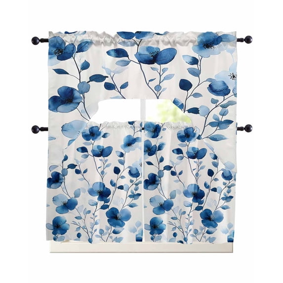 Blue Floral Spring Swag Kitchen Curtains Sets for Windows 24 Inch Length, Vintage Botanical Blossom Flower Short Window Curtain Panels Swags Valances and Tiers 3 Piece Set for Cafe/Dining Room