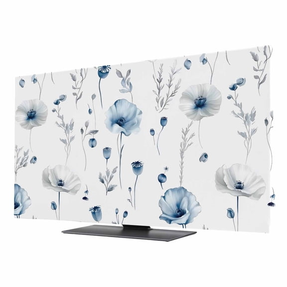 Blue Floral Spring TV Cover for 24 Inch Screen, Stretch Fabric Dustproof TV Display Protector, Farmhouse Poppy Botanical Elastic Slipcover Monitor Cover for Indoor Desktop Computer 20.9"x11.8"