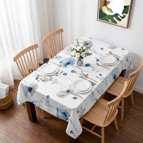Blue Floral Spring Table Cloth Waterproof Tablecloths, Farmhouse Poppy Botanical Tablecloth Dining Table Cover for Kitchen Party Tabletop Outdoor, Rectangle Tablecloth 52x70 Inch