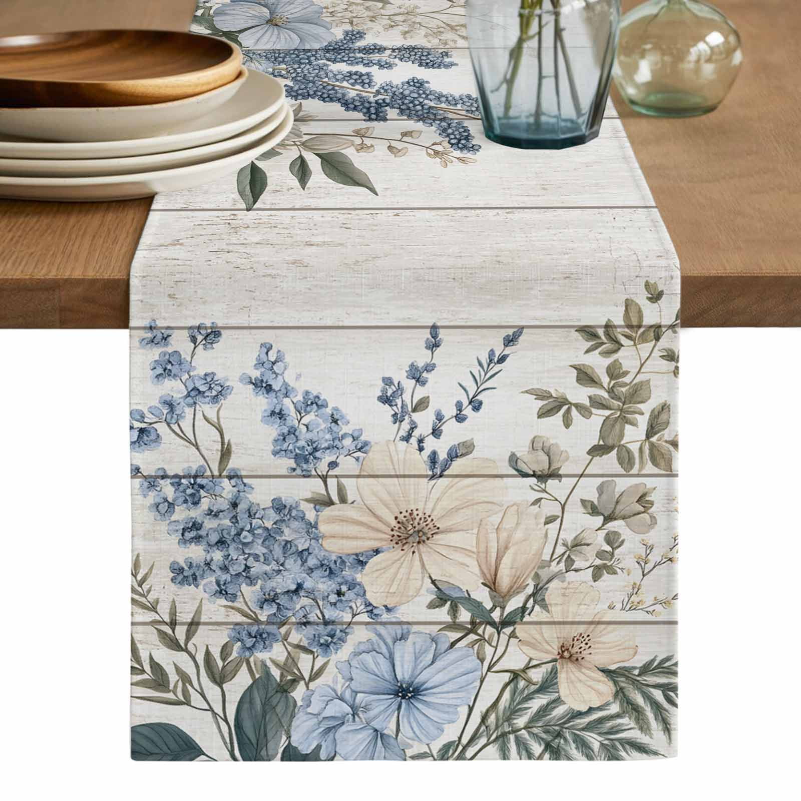 Spring Table Runner 108 Blue Floral Spring Table Runner, Summer Botanical Flower Vintage ...