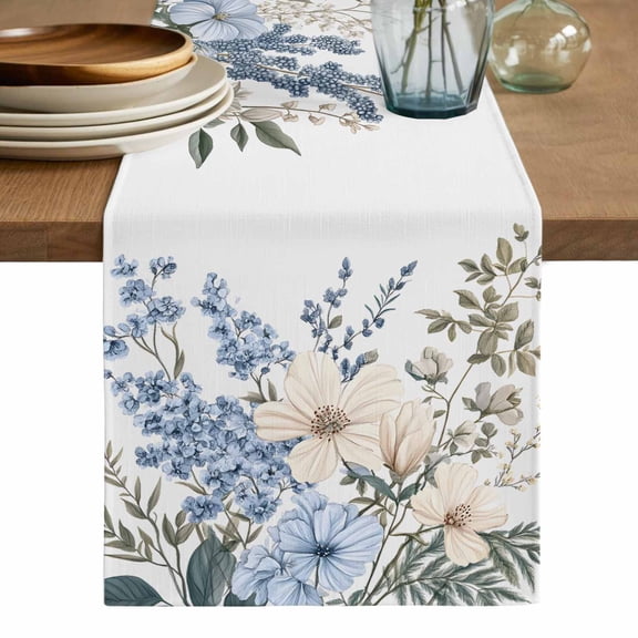 Blue Floral Spring Table Runner, Vintage Summer Botanical Flower Washable Cotton Linen Table Runners 48 Inches Long, Dresser Scarf Runner for Nightstand/Coffee/End Tables 13''x48''