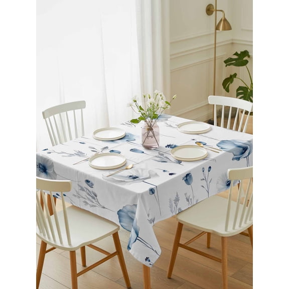Blue Floral Spring Tablecloth Rectangle Table Cloth 52x70, Waterproof Outdoor Table Cloth Covers Decorative Table Protector, Farmhouse Poppy Botanical Washable Table Cover for Kitchen Dinning Party