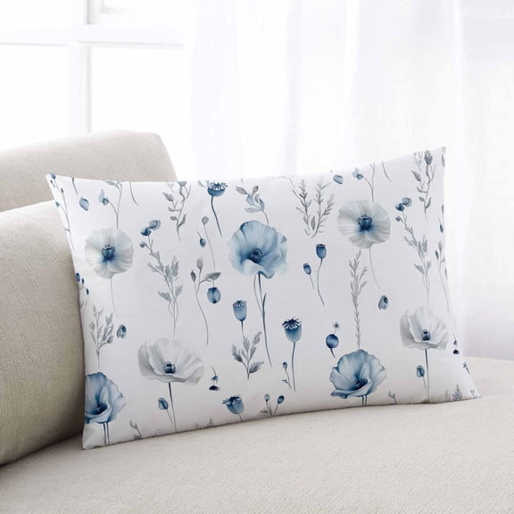 Blue Floral Spring Throw Pillow Covers, Farmhouse Poppy Botanical Soft Breathable Pillow Cases with Invisible Zipper for Sleeping, Standard Pillowcases for Couch Bed Sofa Chair 20x26 Inches