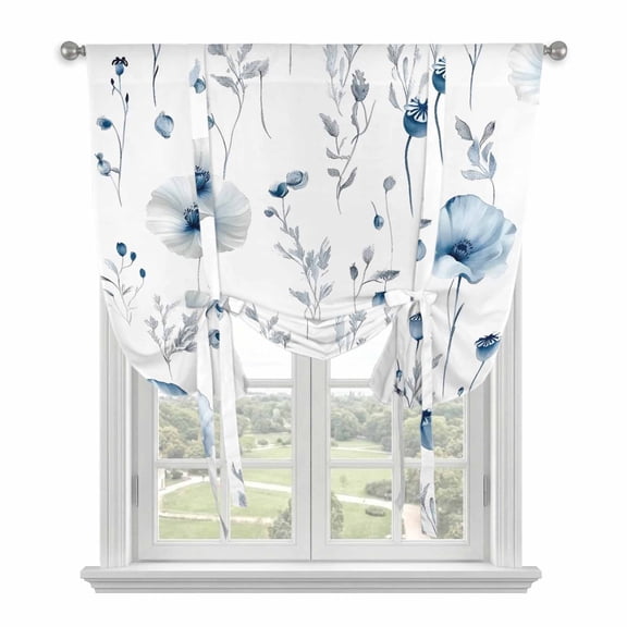 Blue Floral Spring Tie Up Curtains for Small Windows,Adjustable Rod Pocket Valance 45 Inch Short, Farmhouse Poppy Botanical Window Treatment Balloon Roman Blind Shade, 34" x 45"