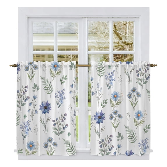 Blue Floral Spring Tier Curtains 54 Inch Length, Pine Needles Green ...