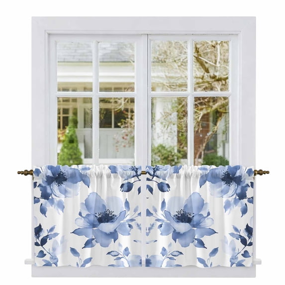 Blue Floral Spring Tier Curtains, Retro Watercolor Botanical Summer Light Filtering Kitchen Curtains, 2Pcs Rod Pocket Half Window Treatments Panels for Sink Cafe Cabinet Camper 27.5x24 Inches