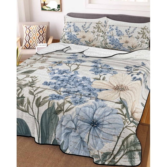 Blue Floral Spring Twin Size Down Alternative Comforter, Lightweight Comforter Quilt Bedding Set with Pillow Shams Summer Botanical Flower Vintage All Seasons Bed Comforter Duvet Insert 68"x86"