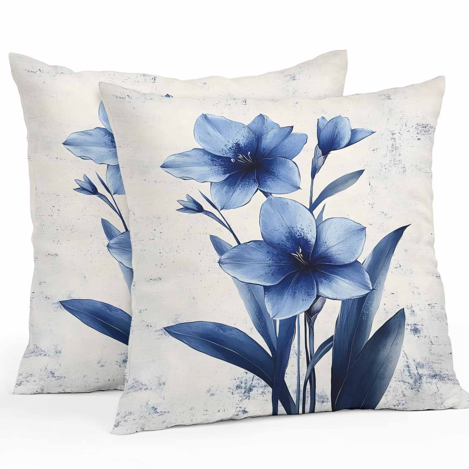 Blue Floral Spring Waterproof Outdoor Throw Pillow Covers 18''x18 ...