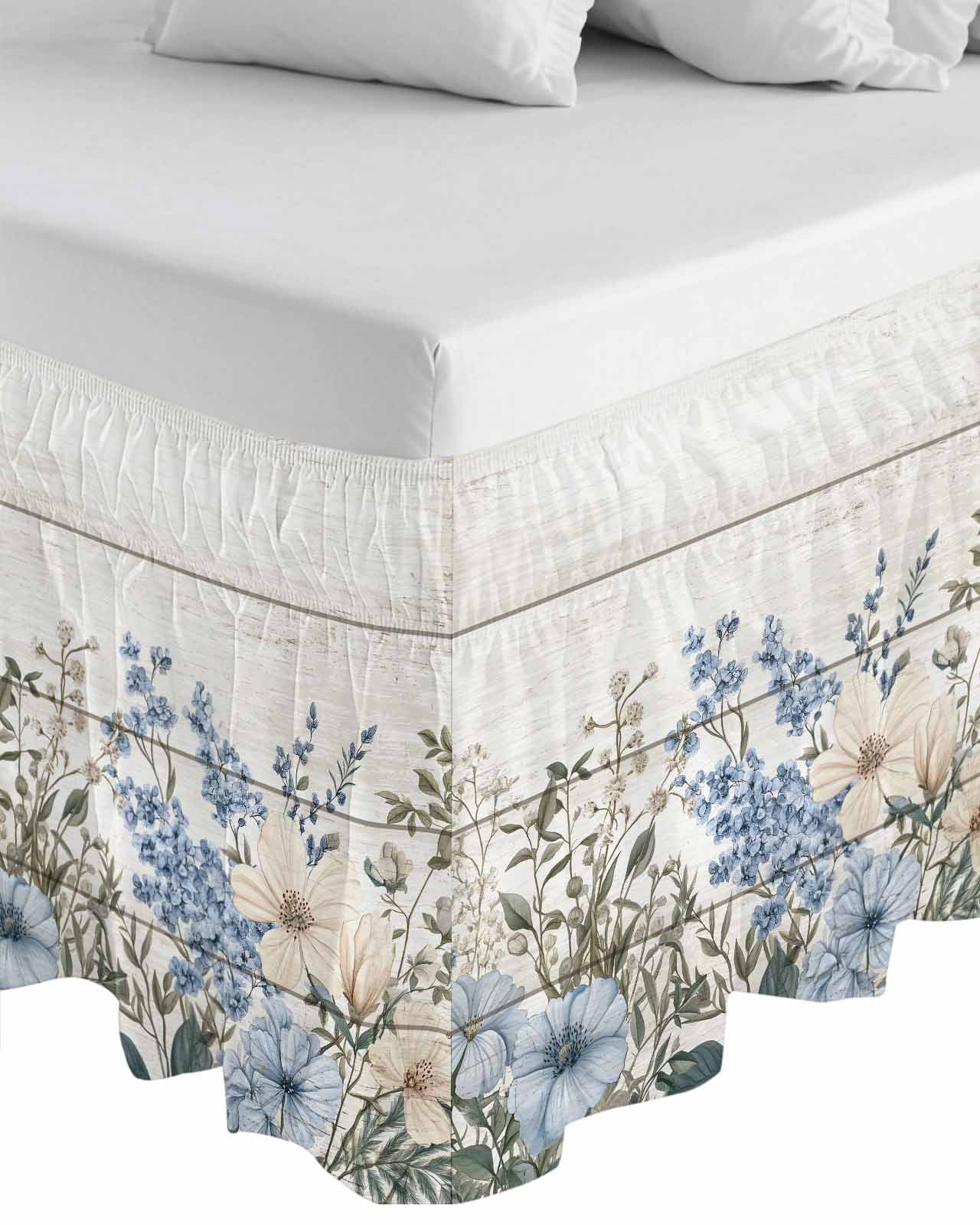 Blue Floral Spring Wrap Around Bed Skirts for Queen Bed 16" Drop,Bed Skirt with Adjustable Elastic Belt Dust Ruffle Bed Valance for Bedroom Hotel Summer Botanical Flower Vintage Bed Frame Cover