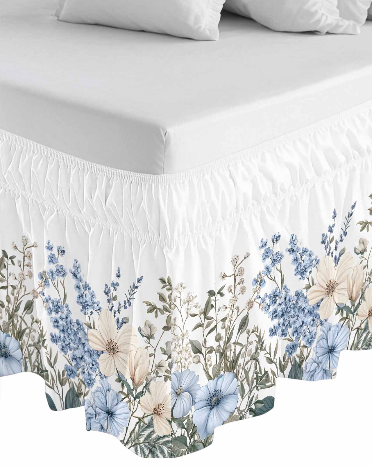 Blue Floral Spring Wrap Around Bed Skirts for Queen Bed 18" Drop,Bed Skirt with Adjustable Elastic Belt Dust Ruffle Bed Valance for Bedroom Hotel Vintage Summer Botanical Flower Bed Frame Cover
