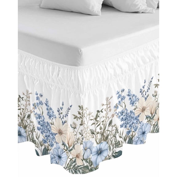 Blue Floral Spring Wrap Around Bed Skirts for Queen Bed 18" Drop,Bed Skirt with Adjustable Elastic Belt Dust Ruffle Bed Valance for Bedroom Hotel Vintage Summer Botanical Flower Bed Frame Cover