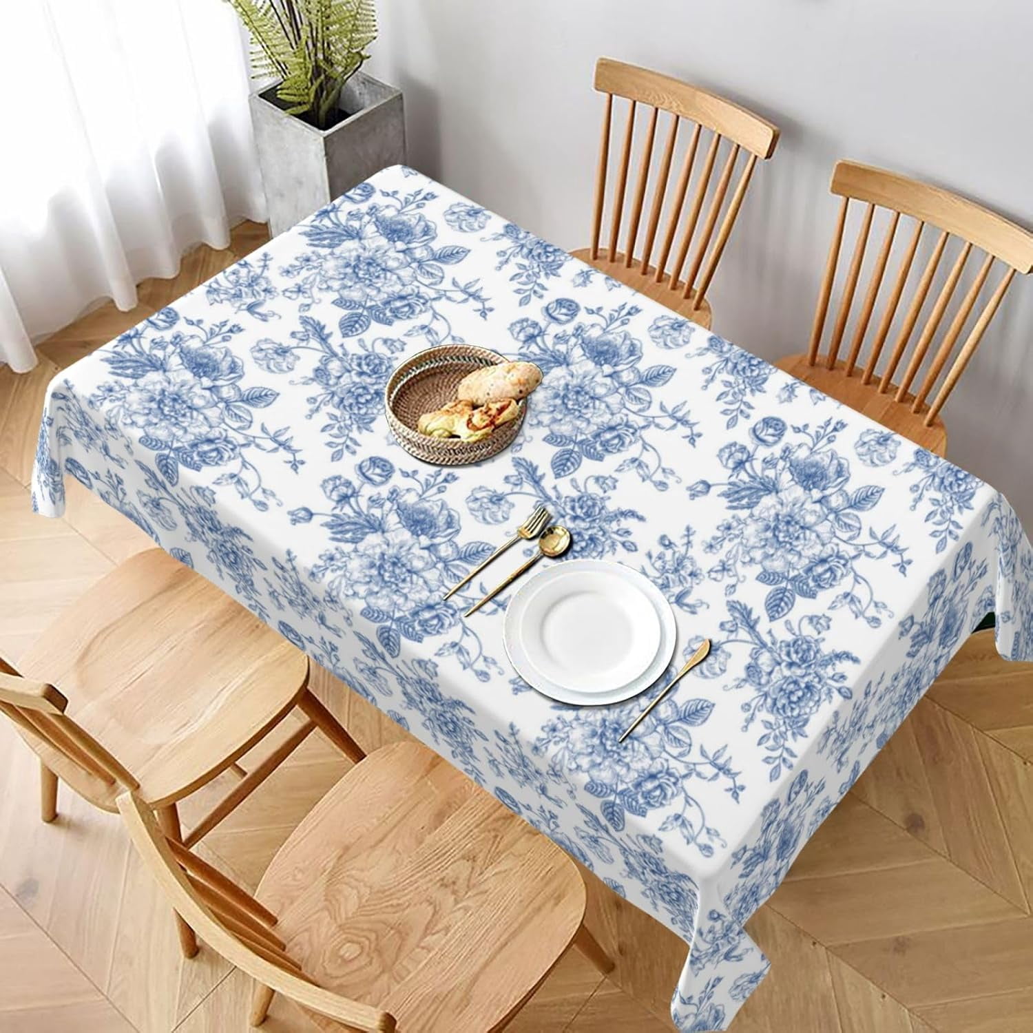 Spring Toile Blue Blue Floral Square Tablecloth 60x84 Inch Square, Blue and White ...