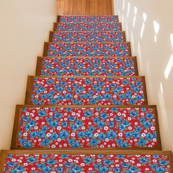 Blue Floral Stair Treads Non Slip for Steps Flower Leaves Farmhouse Red Background 10 Pcs Reusable Adhesive Stair Runner Mats for Dogs Elders Carpet Treads Rugs for Staircase 8x30 In