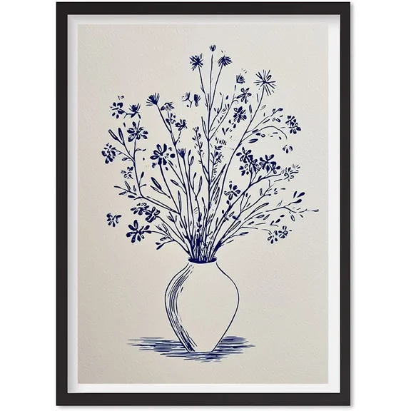 Blue Floral Still Life Print | Boho Botanical Wall Art | Fine Line Flower Draw, Matte Canvas Stretched, Posters for Room Bedroom Living Room Bathroom Wall Decor, Posters & Art Prints, Gift.