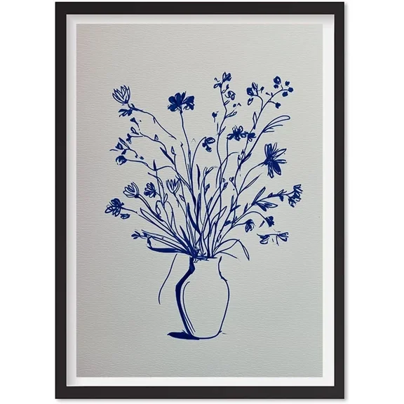 Blue Floral Still Life Print | Boho Botanical Wall Art | Fine Line Flower Draw, Matte Canvas Stretched, Posters for Room Bedroom Living Room Bathroom Wall Decor, Posters & Art Prints, Gift.