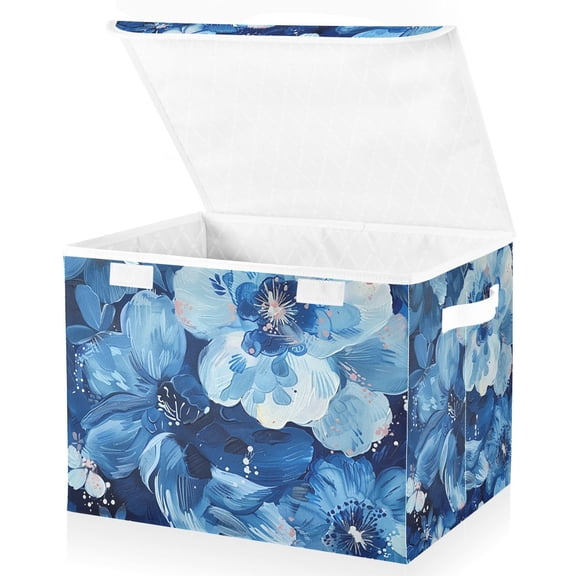 Blue Floral Storage Basket for Shelves Foldable Container Organizer for Organizing Toys Clothes Books with Handles