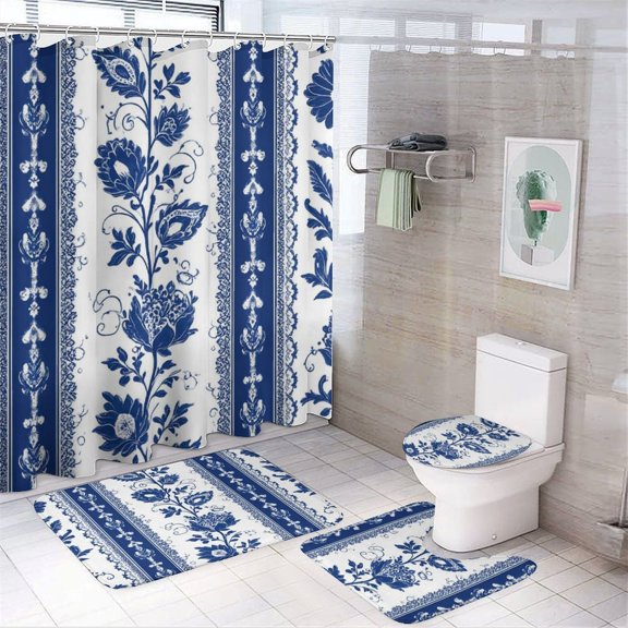 Blue Floral Stripe Pattern Shower Curtain Set Modern Bathroom Decor Mats 4pcs Fabric Bathroom Curtain Slip Floor Rug Toilet Lid