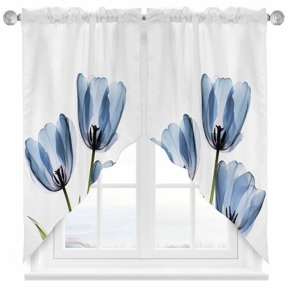 Blue Floral Swag Curtain Valance for Windows, Blue Tulips Green Leaf Window Treatments Short Swag Topper for Kitchen Windows Bathroom Bedroom, 36"x45"