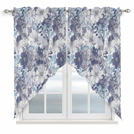 Blue Floral Swag Curtains for Kitchen/Bedroom/Living Room, Spring Botanical Flowers Leaves Vintage Scalloped Curtains 63 Inch Long, Window Swag Topper Curtains Valances 2 Panels Set 36"x63"