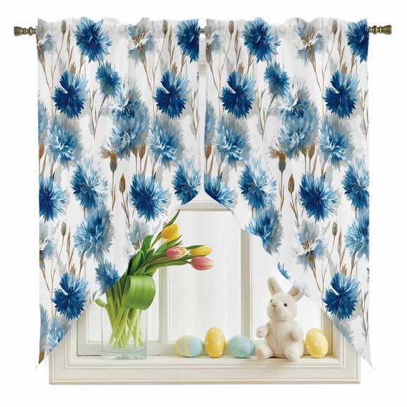 Blue Floral Swag Kitchen Curtain Valances, Vintage Cornflower Leaf Retro Plant Art Farmhouse Rod Pocket Curtains Window Treatment Decor Valances for Bedroom Bathroom, 2 Panels 36 x 36 Inch
