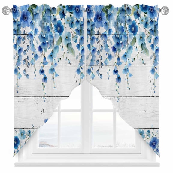 Blue Floral Swag Kitchen Curtain Valances, Watercolor Spring Gradient Blue Flowers Wooden Grain Rod Pocket Curtains Window Treatment Decor Valances for Bedroom Bathroom, 2 Panels 36 x 45 Inch