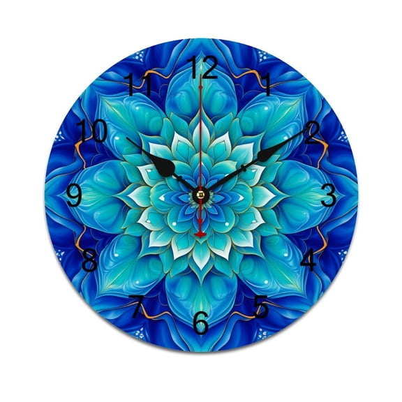 Blue Floral Symmetry-1 Printed Silent Wall Clock Round Kitchen Clock Chic Quiet Desk Clock For Living Room 10in