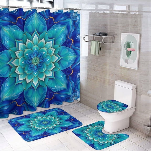 Blue Floral Symmetry Shower Curtain Waterproof Bathroom Curtain Set 4pcs with Hooks Rugs Mat Bathroom Curtains Home Decor