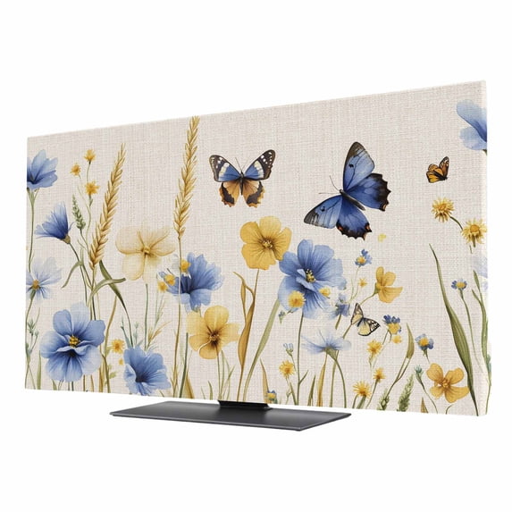 Blue Floral TV Cover for 75 Inch Screen, Stretch Fabric Dustproof TV ...