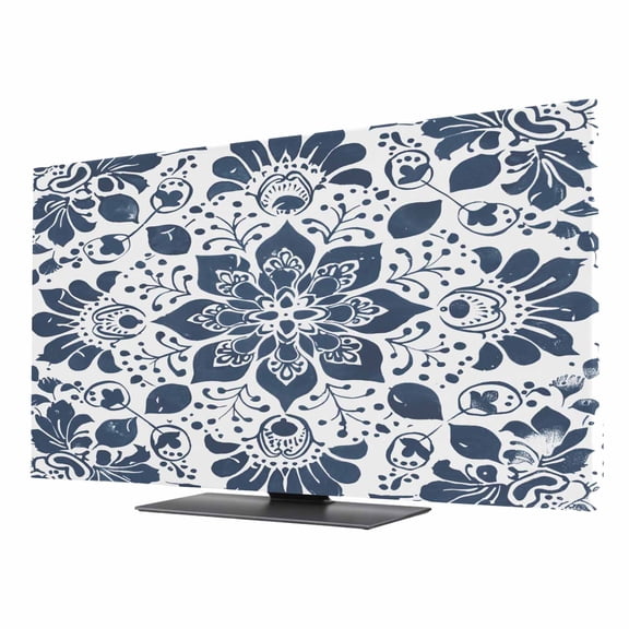 Blue Floral TV Dust Cover 40 Inch, Pattern Leaves Geometric Art Computer Monitor Cover Dustproof Stretchable Indoor TV Screen Protector for LED LCD Universal Monitors