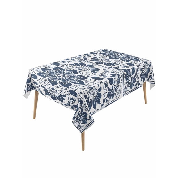 Blue Floral Table Cloth 54x108 Inch Rectangle, Pattern Leaves Geometric Art Waterproof Tablecloth Washable Table Cover for Party Picnic Dinner Decor