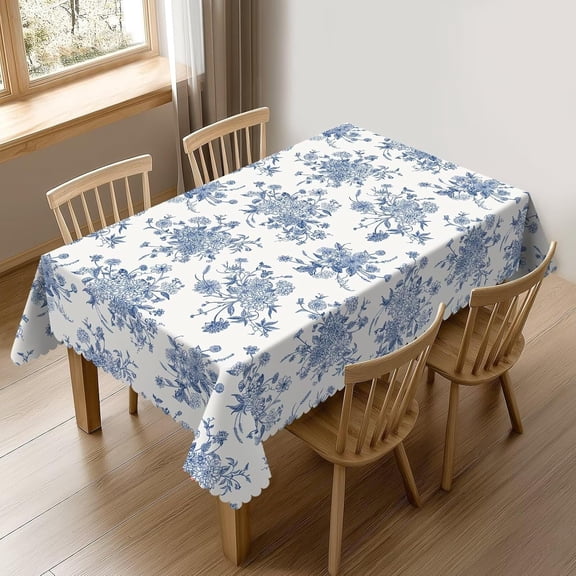 Blue Floral Table Cloth for Dining Tables,Washable Boho Vintage Navy Blue White Flowers Tablecloths Wildflower Tabletop Decoration Rectangle Table Cover for Kitchen,Party,Holiday, 60x84Inch