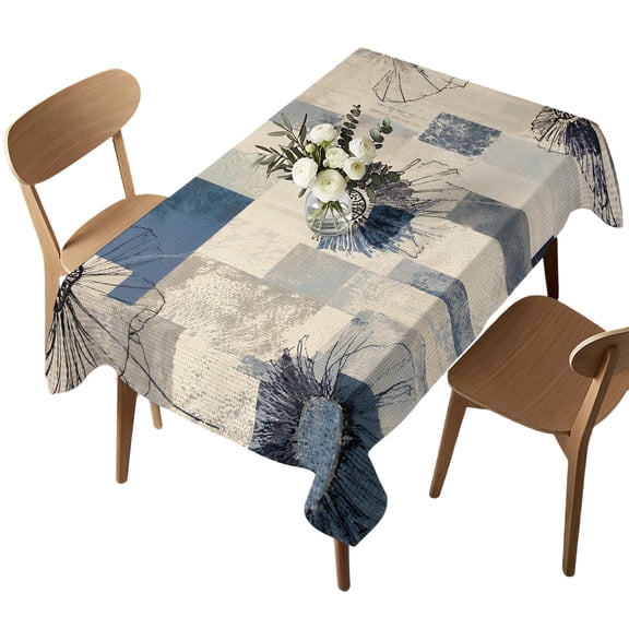 Blue Floral Table Cloth, Waterproof Tablecloth for Rectangle Tables, Vintage Plants Patchwork Farmhouse Retro Beige Washable Fabric Table Cover for Restaurant Kitchen Dining Tables 52"x70"