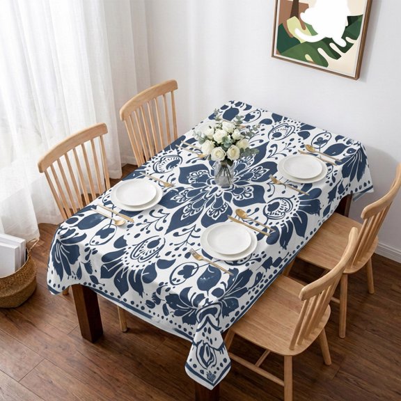 Blue Floral Table Cloth Waterproof Tablecloths, Ethnic Boho Botanical Geometric Art Tablecloth Dining Table Cover for Kitchen Party Tabletop Outdoor, Rectangle Tablecloth 60x84 Inch