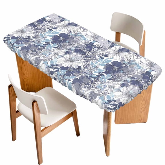 Blue Floral Table Cloths for 3 Foot Rectangle Tables, Spring Botanical Flowers Leaves Vintage Patio Waterproof Elastic Fitted Tablecloths, Washable Rectangular Table Cover for Camping