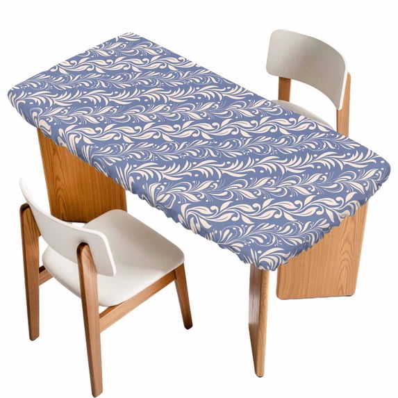 Blue Floral Table Cloths for 3 Foot Rectangle Tables, Spring Flowers Pattern Plants Simple Vintage Patio Waterproof Elastic Fitted Tablecloths, Washable Rectangular Table Cover for Camping