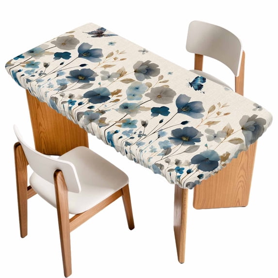 Blue Floral Table Cloths for 4 Foot Rectangle Tables, Spring Watercolor Flowers Butterflies Beige Patio Waterproof Elastic Fitted Tablecloths, Washable Rectangular Table Cover for Camping