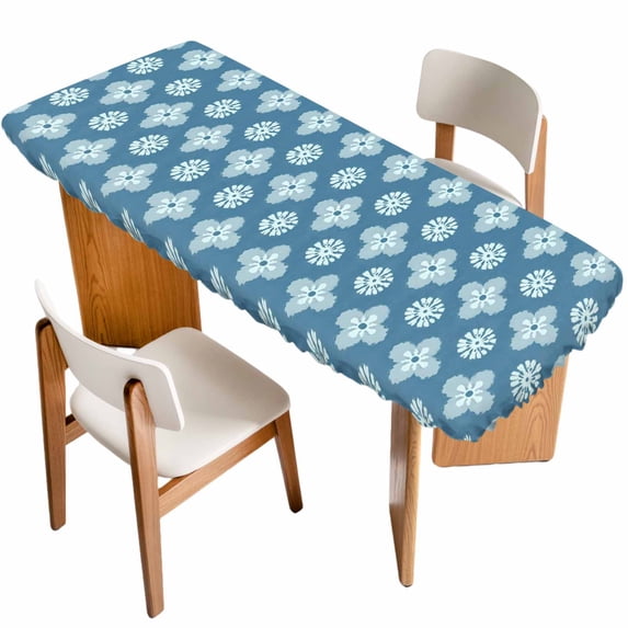 Blue Floral Table Cloths for 8 Foot Rectangle Tables, Spring Flowers Modern Abstract Art Farmhouse Patio Waterproof Elastic Fitted Tablecloths, Washable Rectangular Table Cover for Camping