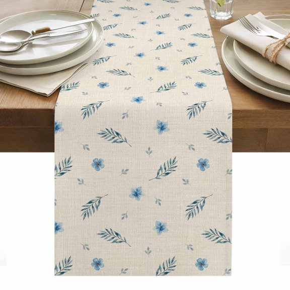 Blue Floral Table Runner 13x36 Inch Rustic Blue Feathers Leaf Vintage Linen Texture Cotton Linen Dining Table Runner Ideal for Dresser Kitchen Coffee Tables - Machine Washable