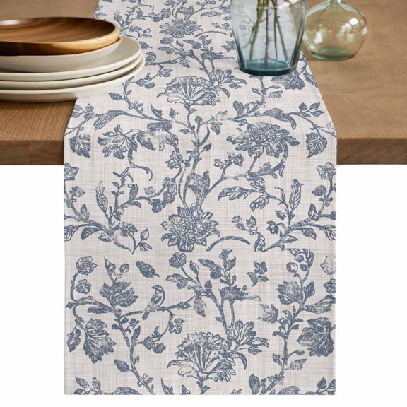 Blue Floral Table Runner 36 Inches, Short Dining Table Runners Dresser Scarves, Farmhouse Vintage Flower Leaf Botanical Kitchen Coffee Tablerunner for Tabletop Party Birthday Holiday Wedding 13"x36"