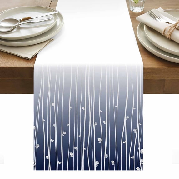 Blue Floral Table Runner - 70 Inch Long, Kitchen Dining Table Runner Dresser Scarves, Gradient Stripe Garden Plant Branch Texture Farmhouse Decor for Coffee Tables Wedding Party Banquet