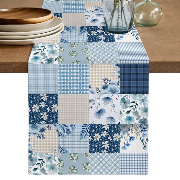 Blue Floral Table Runner 72 Inches, Spring Flowers Plants Patchwork Grid Bohemia Bed Runner Dresser Scarves Tabletop for Indoor Outdoor Parties/Ceremony/Banquet, 18" x 72"