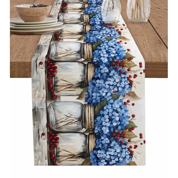 Blue Floral Table Runner Cotton Linen 48 Inch Holiday Dresser Scarves, Bottle Floral Farm Fruit Spring Summer Tablerunner for Kitchen Coffee Dining Bedroom Living Room Dinner Scarf Décor 13''x48''