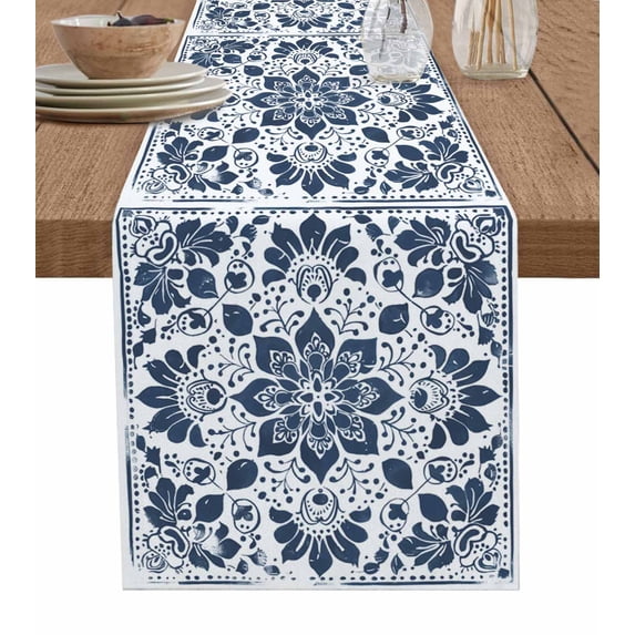 Blue Floral Table Runner Ethnic Boho Botanical Geometric Art Tablerunners 13 x 90 Inch, Table Decorations Tabletop Scarf for Summer Gathering Holiday Farmhouse Kitchen Dining Decor